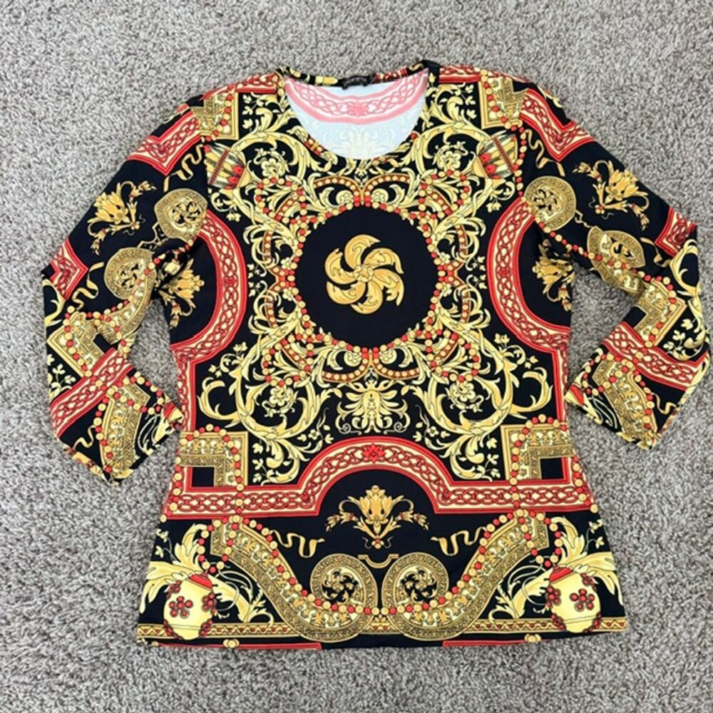 J. McLaughlin Catalina Cloth Top Women Medium Baroque-Inspired Print Gold Black